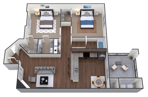 Floor plan for 2 beds, 1 bath, 996 sqft